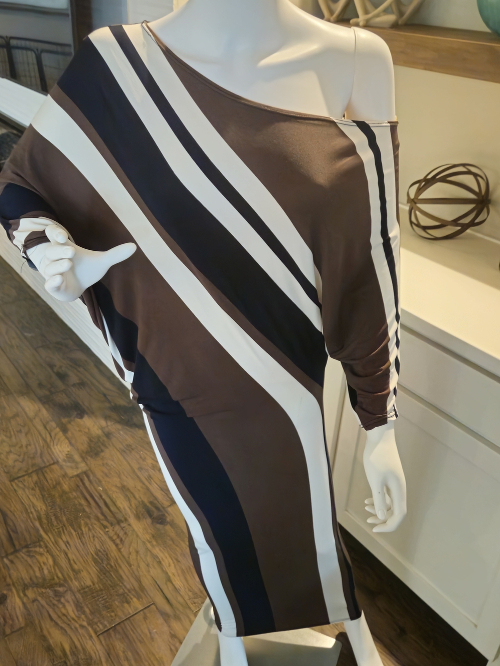 Striped Off-Shoulder Bodycon Dress in Brown, Black & Cream